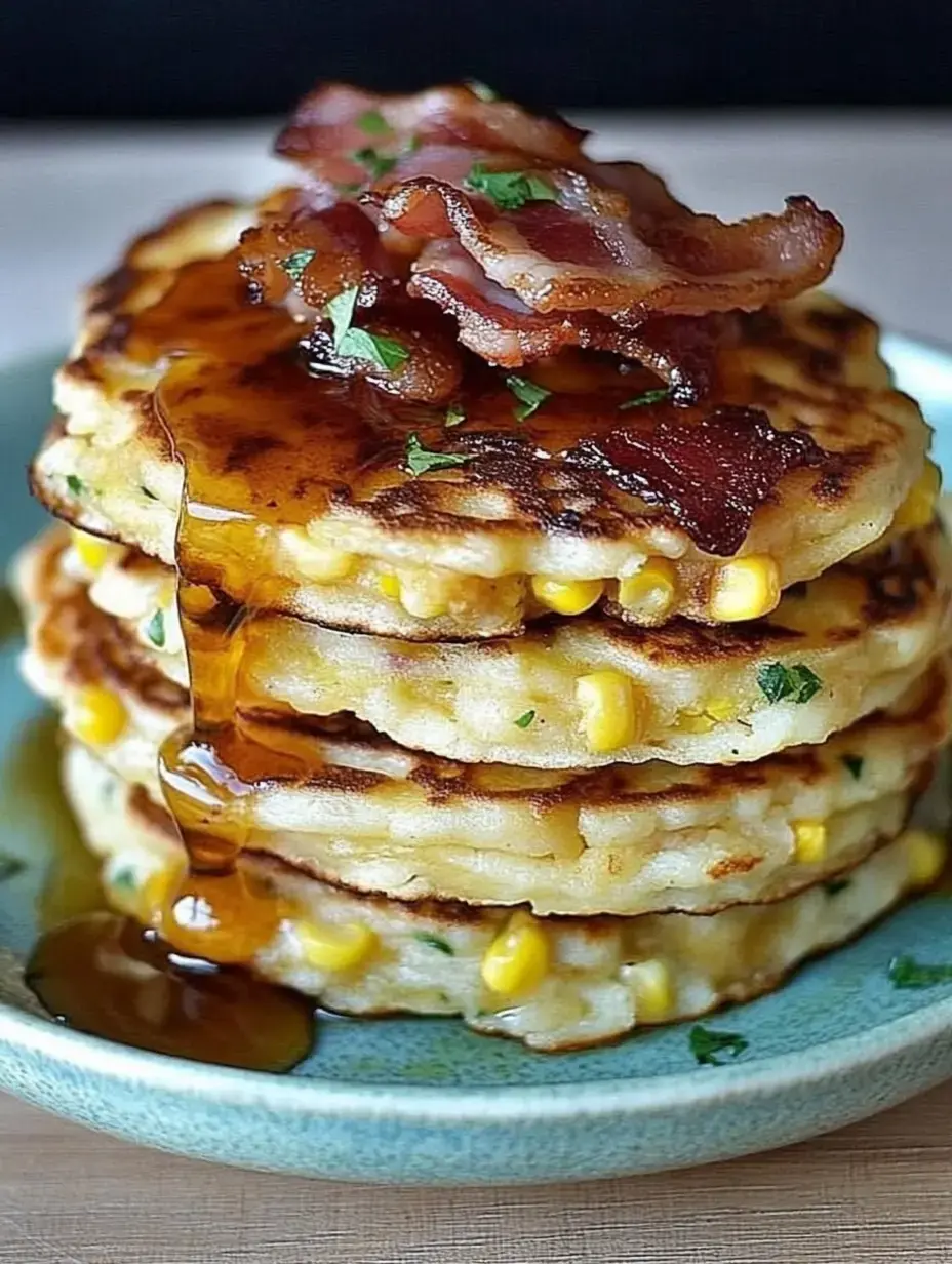 Une pile de galettes de maïs surmontées de bacon croustillant et nappées de sirop sur une assiette bleue.