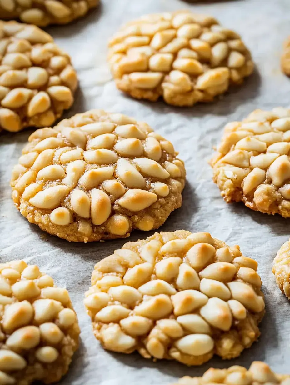 Gros plan sur des biscuits dorés garnis de pignons de pin, sur une plaque recouverte de papier cuisson.
