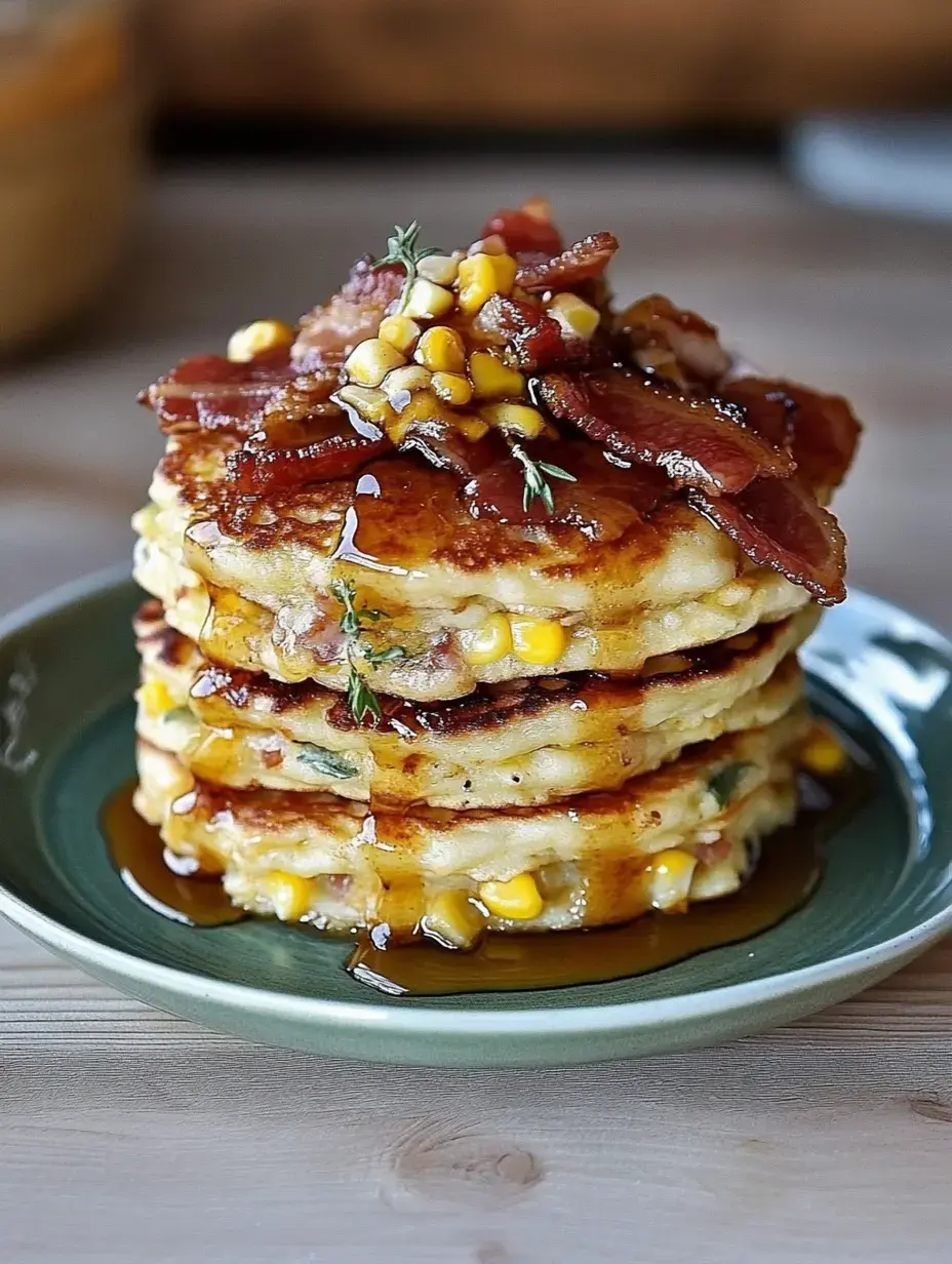 Une pile de galettes dorées surmontées de bacon croustillant, maïs doux et nappées de sirop, servies sur une assiette verte.