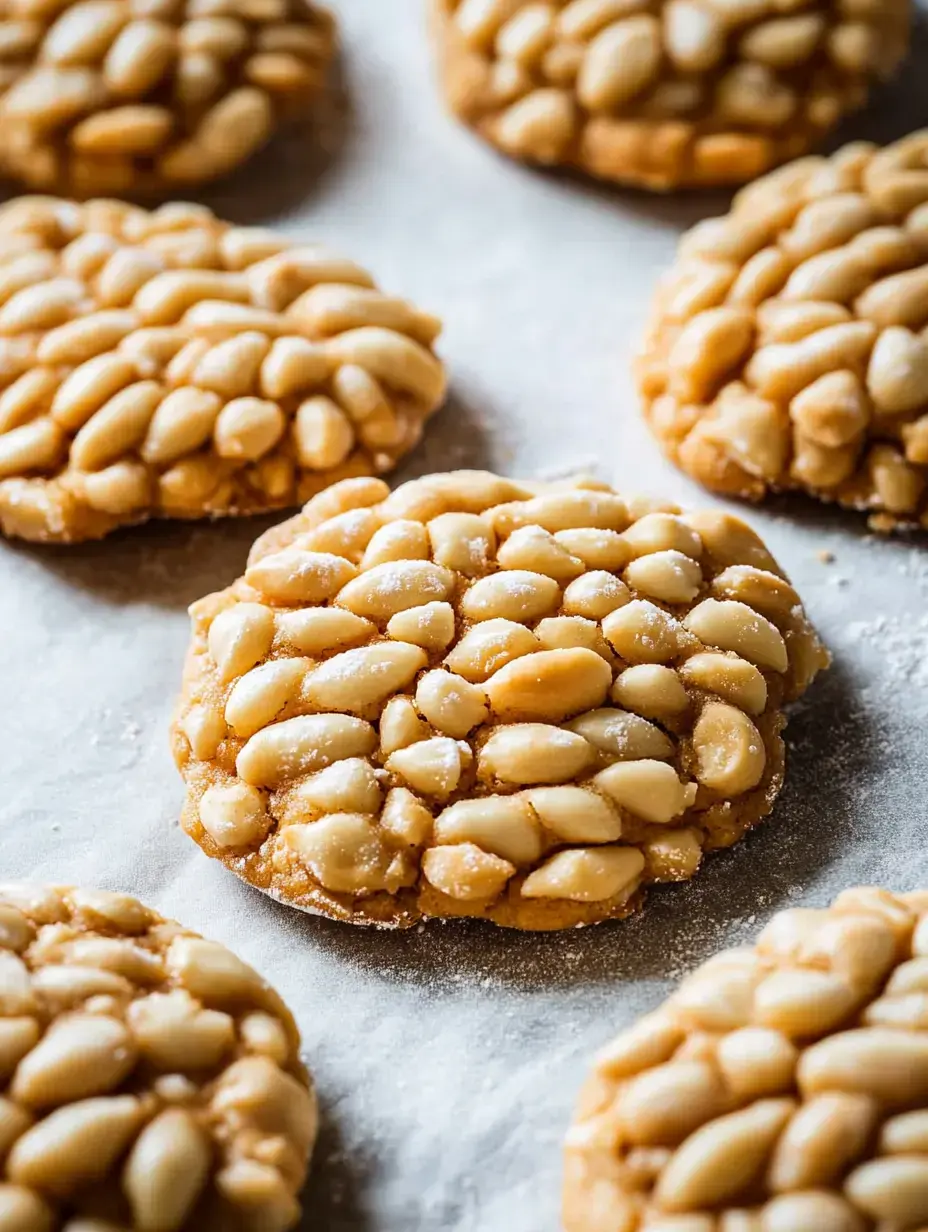 Gros plan sur plusieurs biscuits ronds ornés de pignons de pin, alignés sur du papier cuisson.