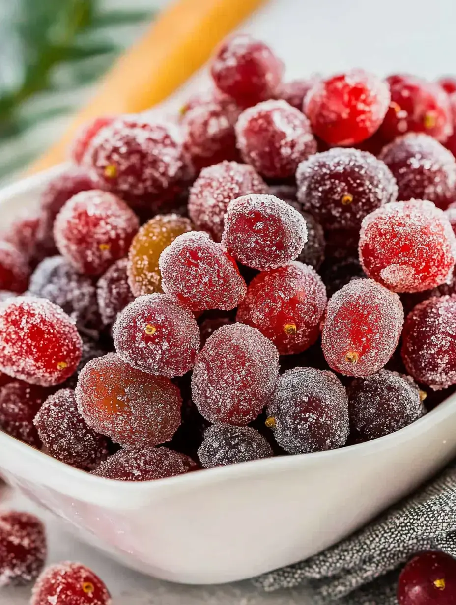 Zoom sur un bol rempli de raisins givrés, rouges et violets, après enrobage de sucre.