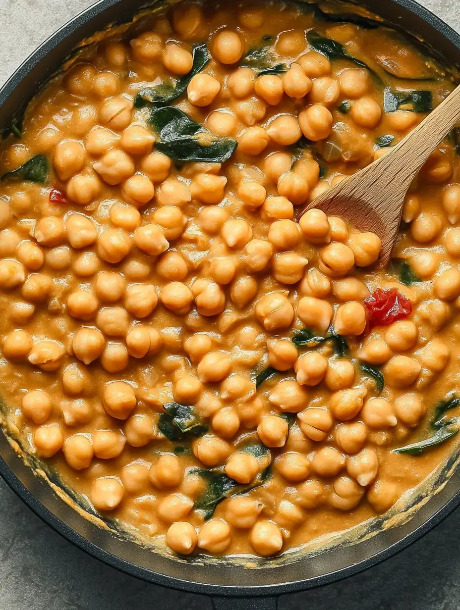 Gros plan d'une poêle remplie de pois chiches crémeux et d'épinards, garnie de poivron rouge.