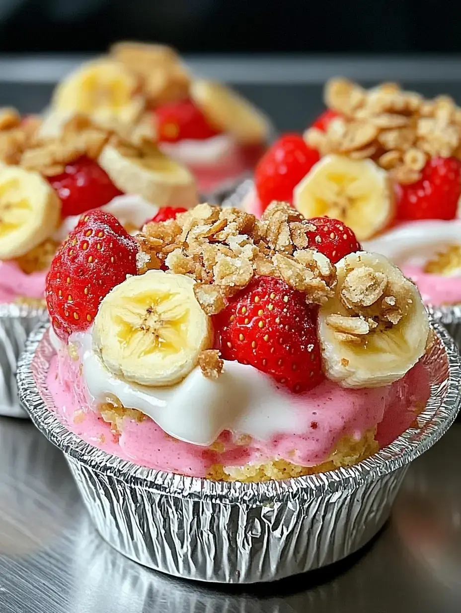 Un gros plan de coupes de dessert colorées garnies de fraises, tranches de banane, granola et une couche crémeuse rose.
