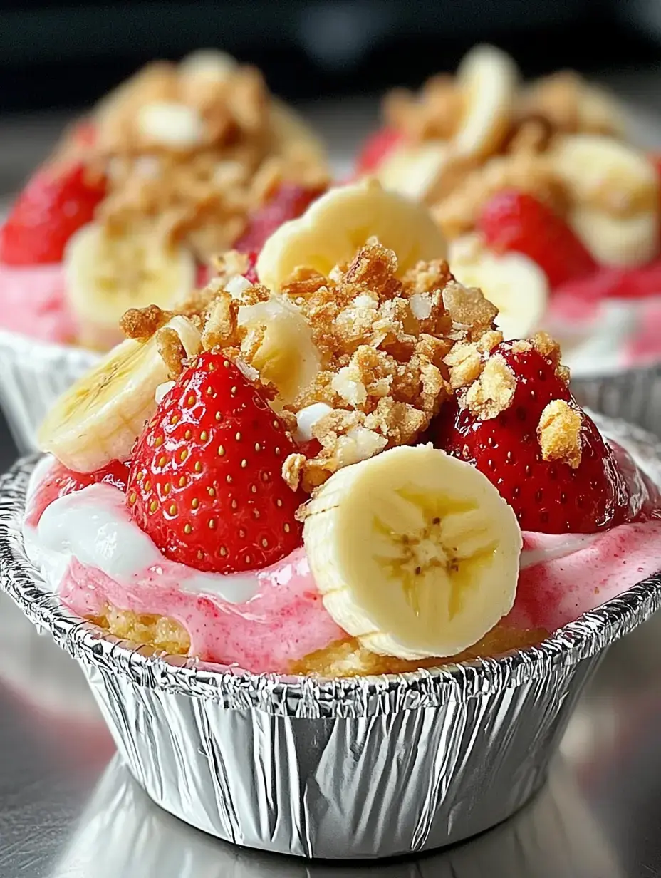Un gros plan d'une coupe de dessert garnie de tranches de bananes, fraises et granola écrasé sur une garniture crémeuse rose.