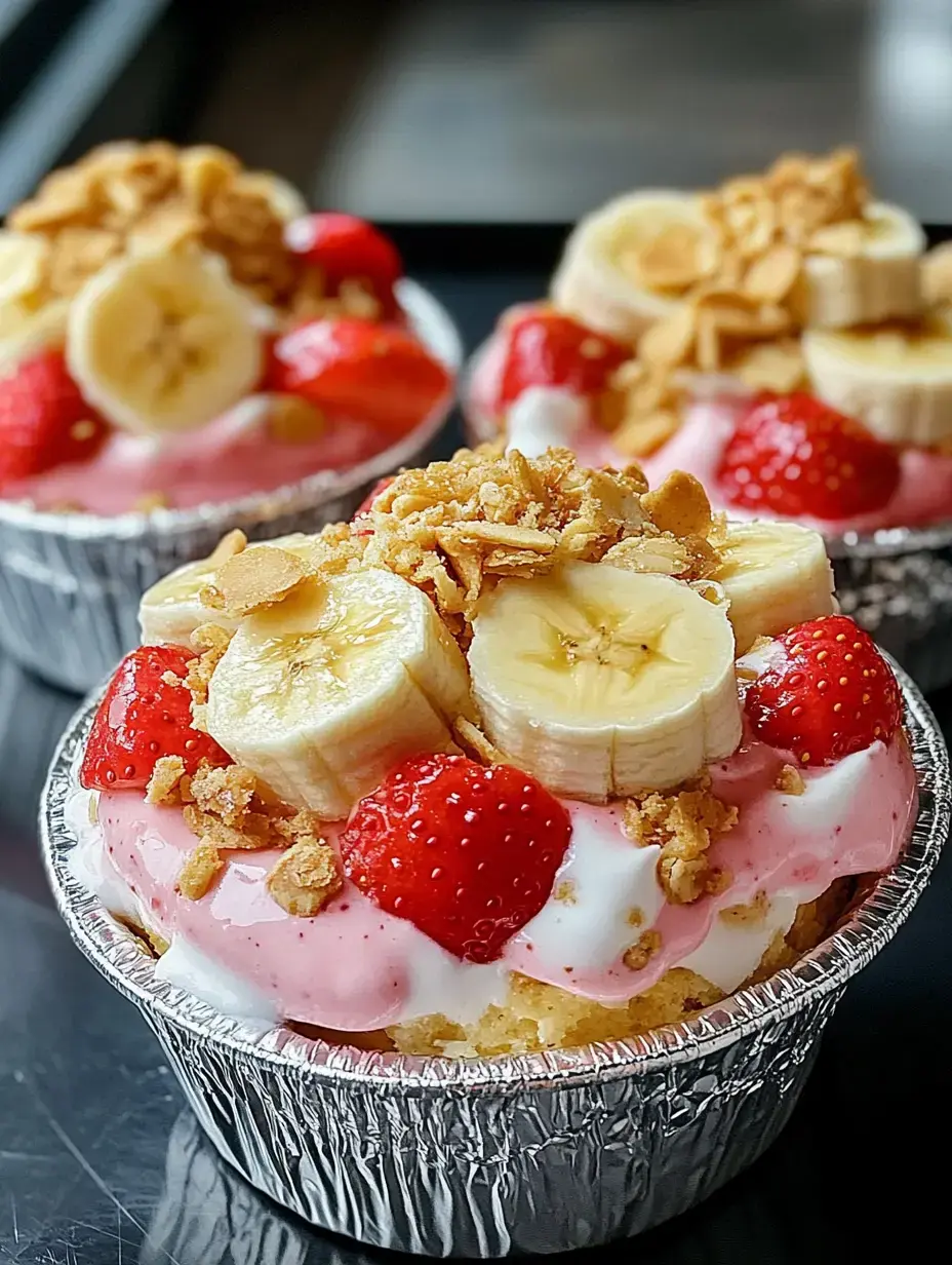 Trois coupes de dessert garnies de tranches de banane, fraises et granola croustillant présentées sur une surface sombre.