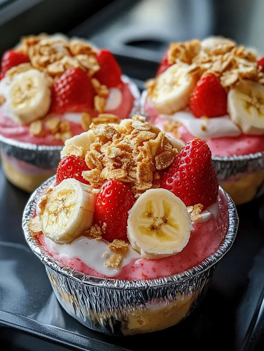 Trois coupes de dessert colorées garnies de fraises, tranches de banane, granola et une couche de glaçage rose sont présentées sur une surface sombre.