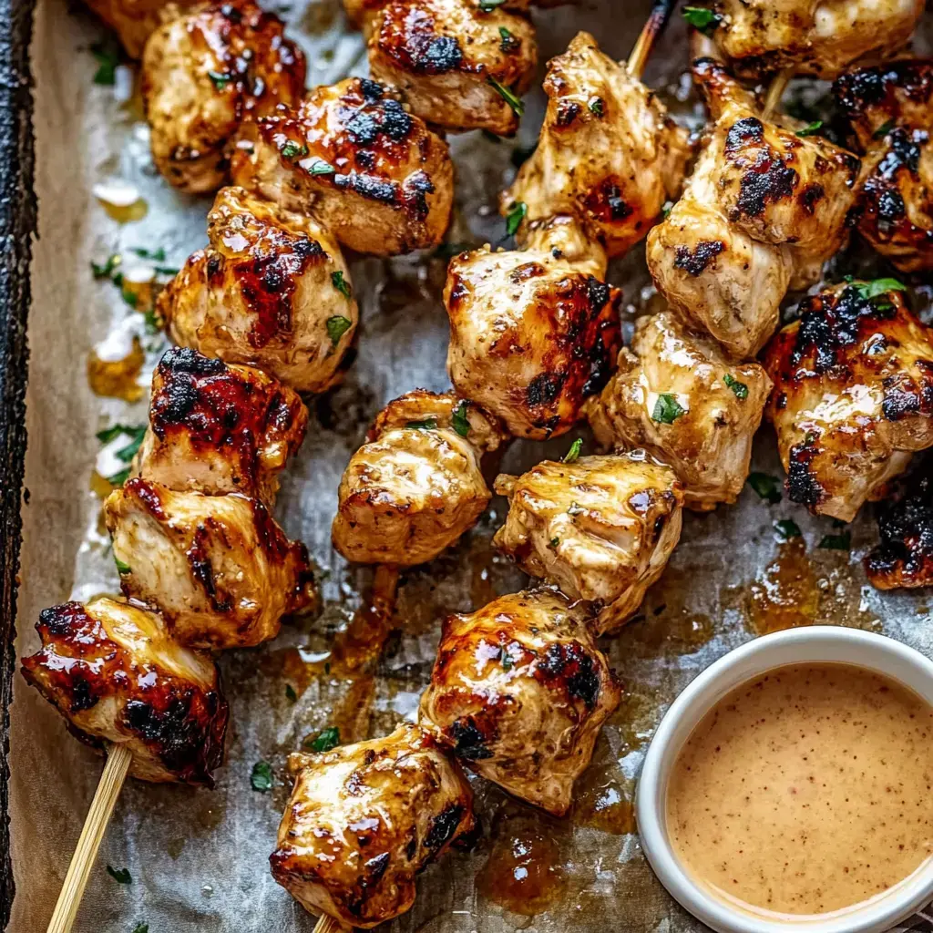 Brochettes de poulet grillé nappées de sauce, parsemées de persil, avec un petit bol de sauce à côté.