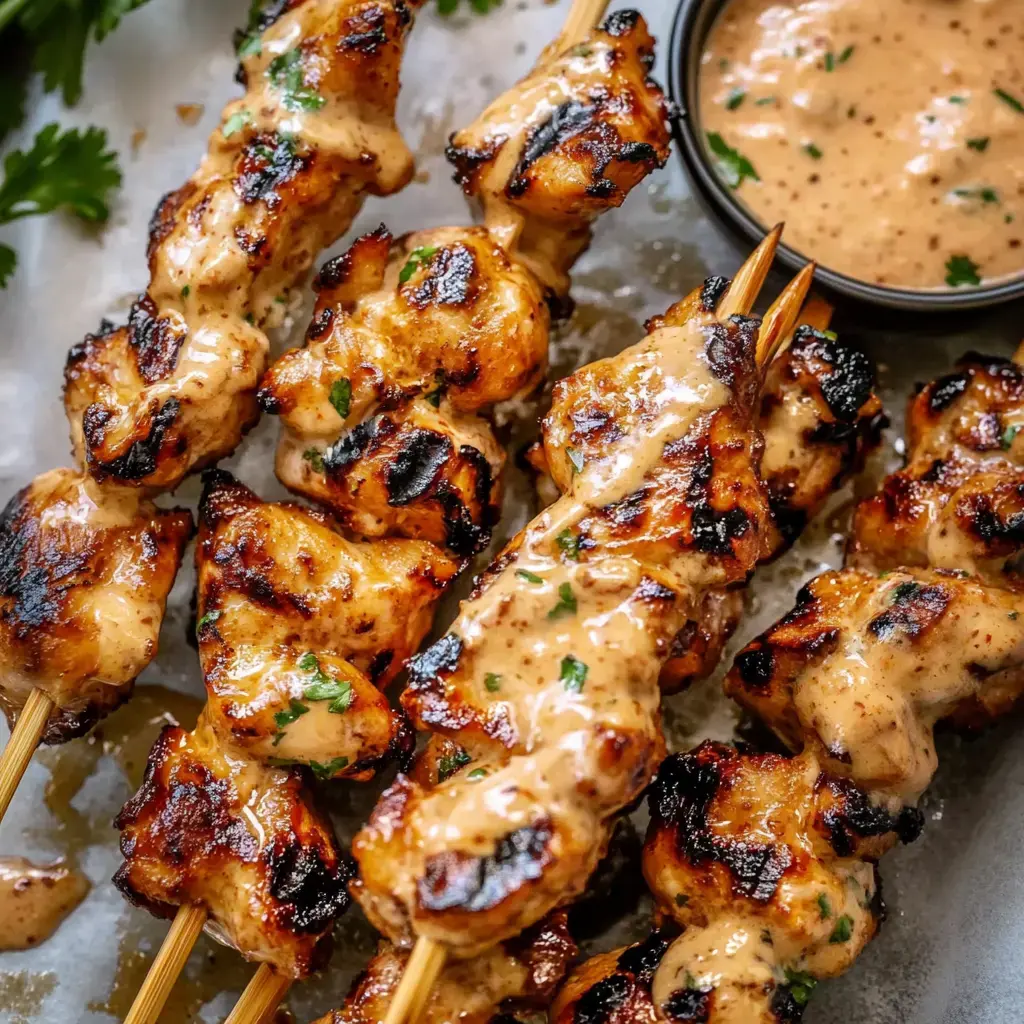 Brochettes de poulet grillé nappées de sauce crémeuse, parsemées de persil, servies avec un bol de sauce à côté.