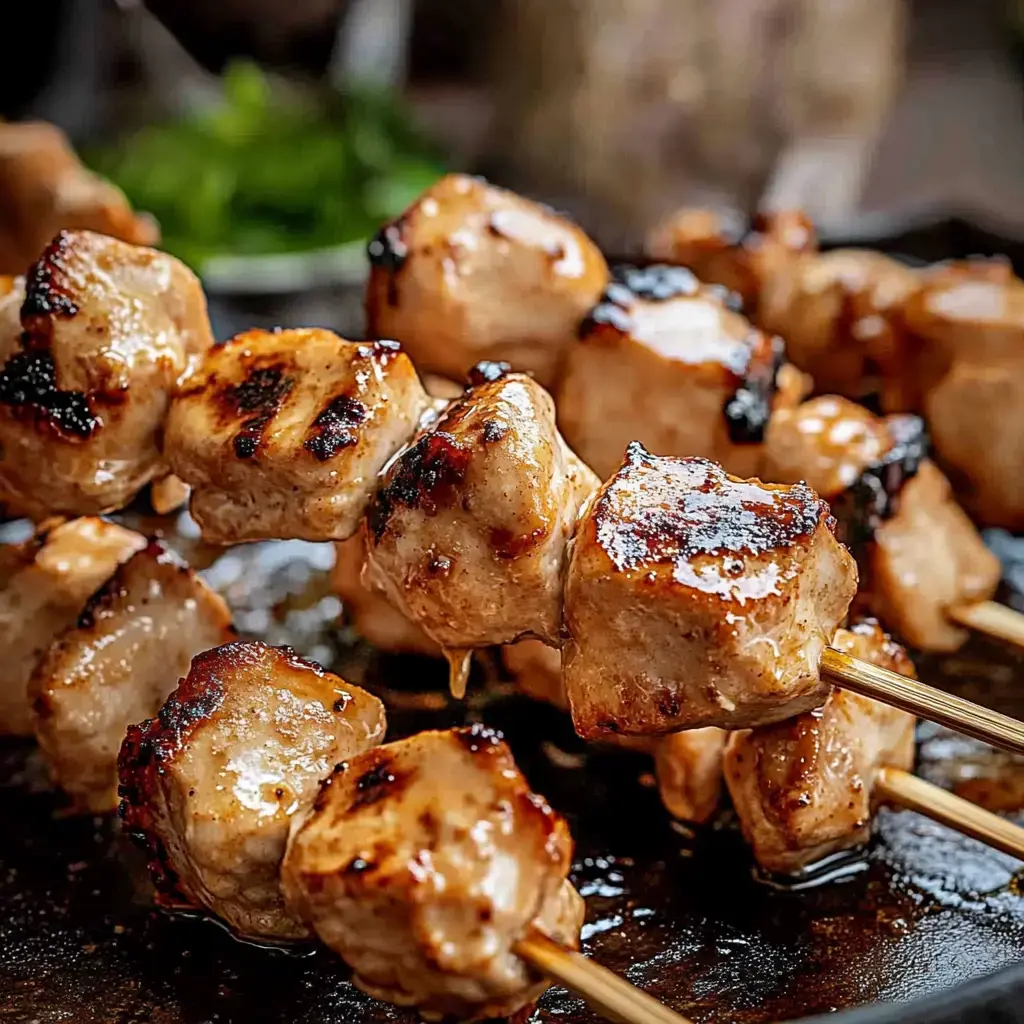 Brochettes de viande marinée grillée, brillantes de jus et avec belle croûte dorée.