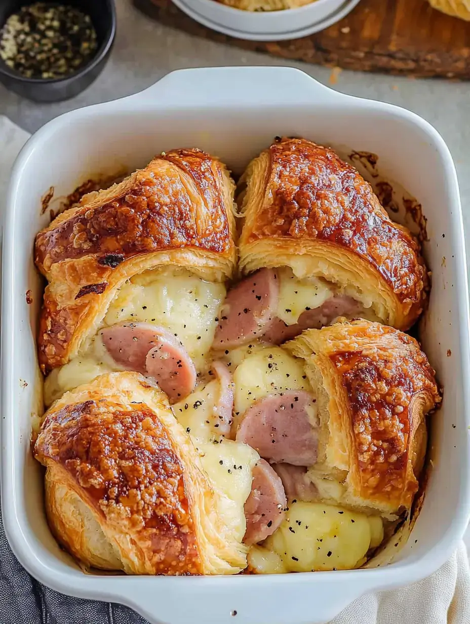 Plat au four avec croissants dorés garnis de purée onctueuse et tranches de jambon, saupoudrés de poivre noir.