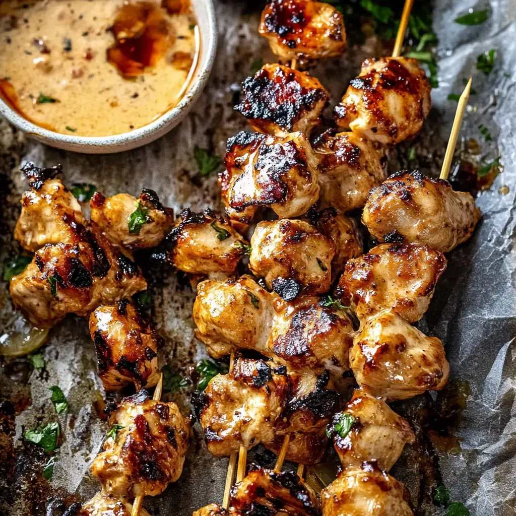 Brochettes de poulet mariné grillé arrangées sur un plat, servies avec un petit bol de sauce et de la coriandre.