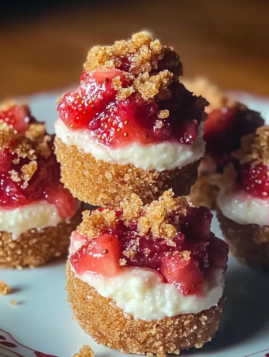 Zoom sur des petits verres à dessert, base biscuit émietté, garniture cheesecake lisse, compotée de fraises et morceaux croustillants.
