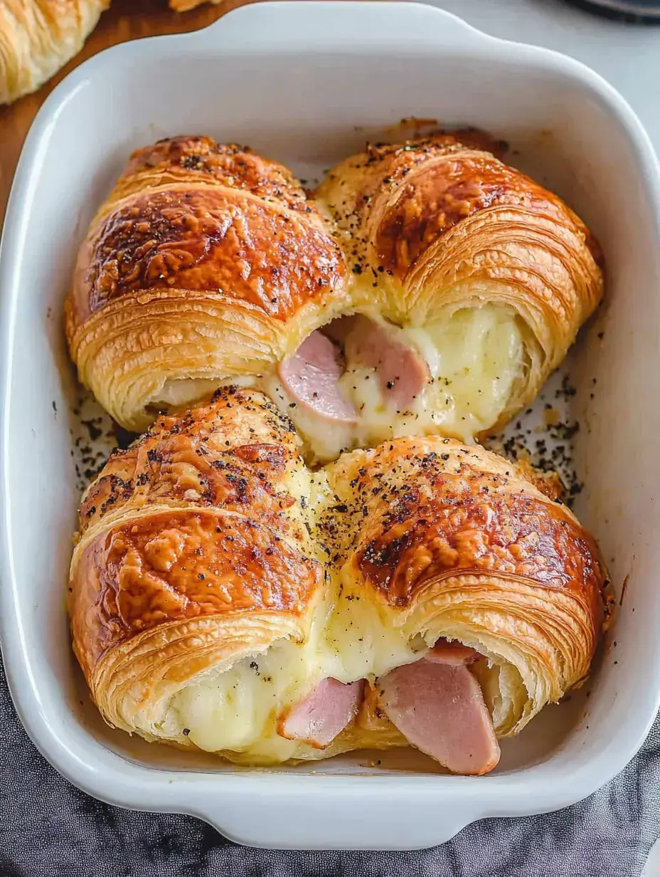 Croissants dorés farcis de jambon et de fromage fondant, bien rangés dans un plat blanc.