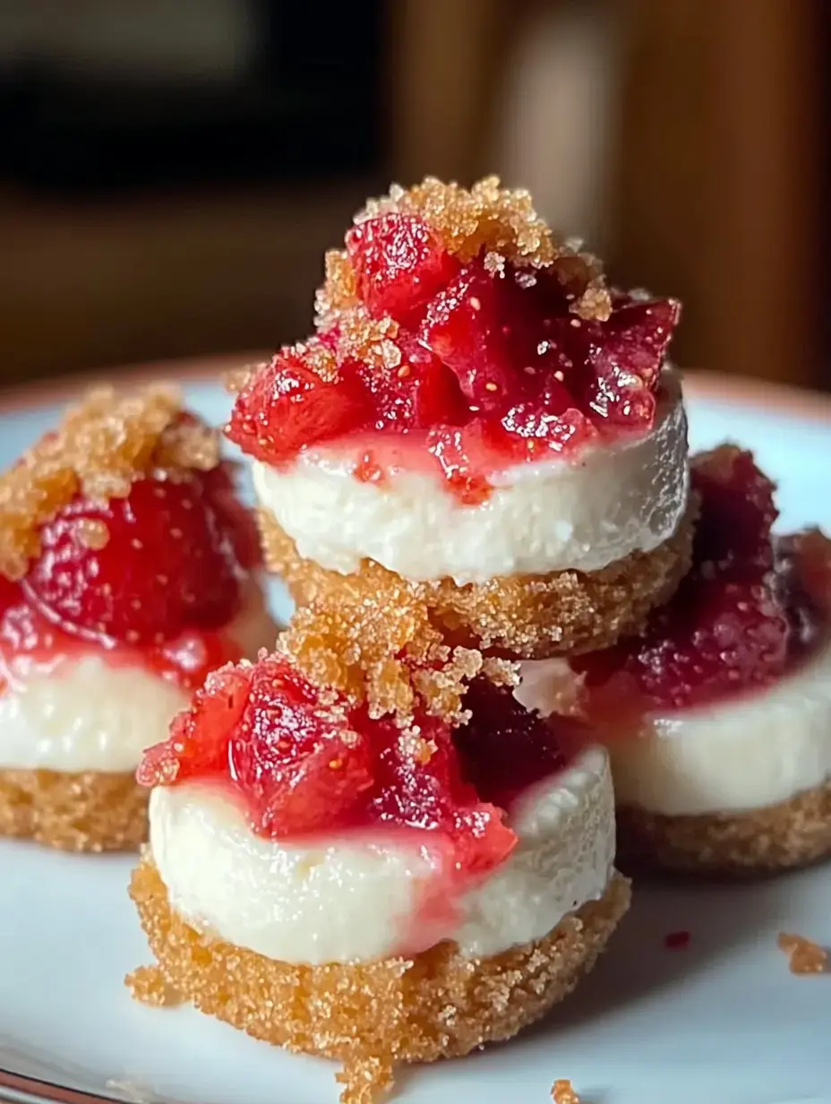 Petit dessert individuel façon cheesecake, fraises fraîches dessus, brisures de biscuit sur assiette chic.