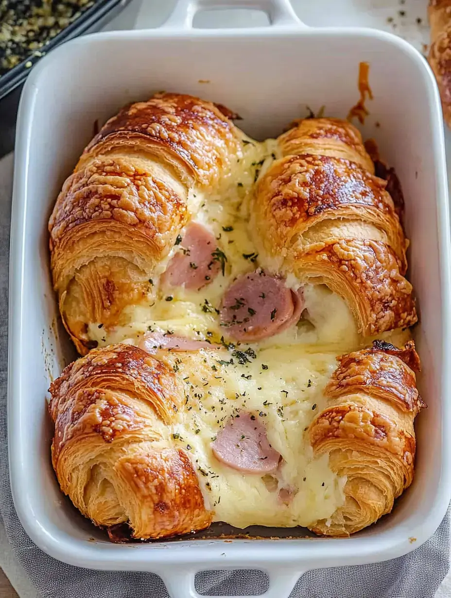 Plat au four avec croissants garnis de jambon et fromage fondu, décorés de quelques herbes.