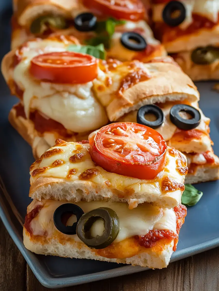 Vue rapprochée d’une assiette de moitiés de sandwiches chauds garnis de tomates, olives noires et piments verts.