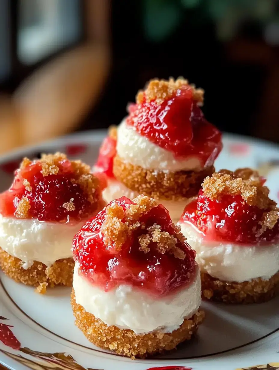 Petites bouchées cheesecake, dessus compotée de fraises, brisures gourmandes de sucre roux.