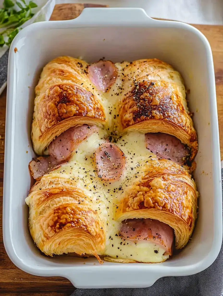 Plat avec croissants dorés, farcis de jambon et fromage, recouverts de poivre et tout croustillants.