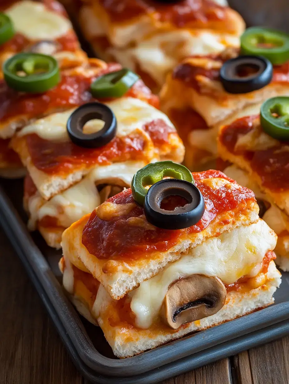 Zoom sur des bouchées façon pizza recouvertes de sauce tomate, fromage fondu, champignons, piments verts et olives noires.
