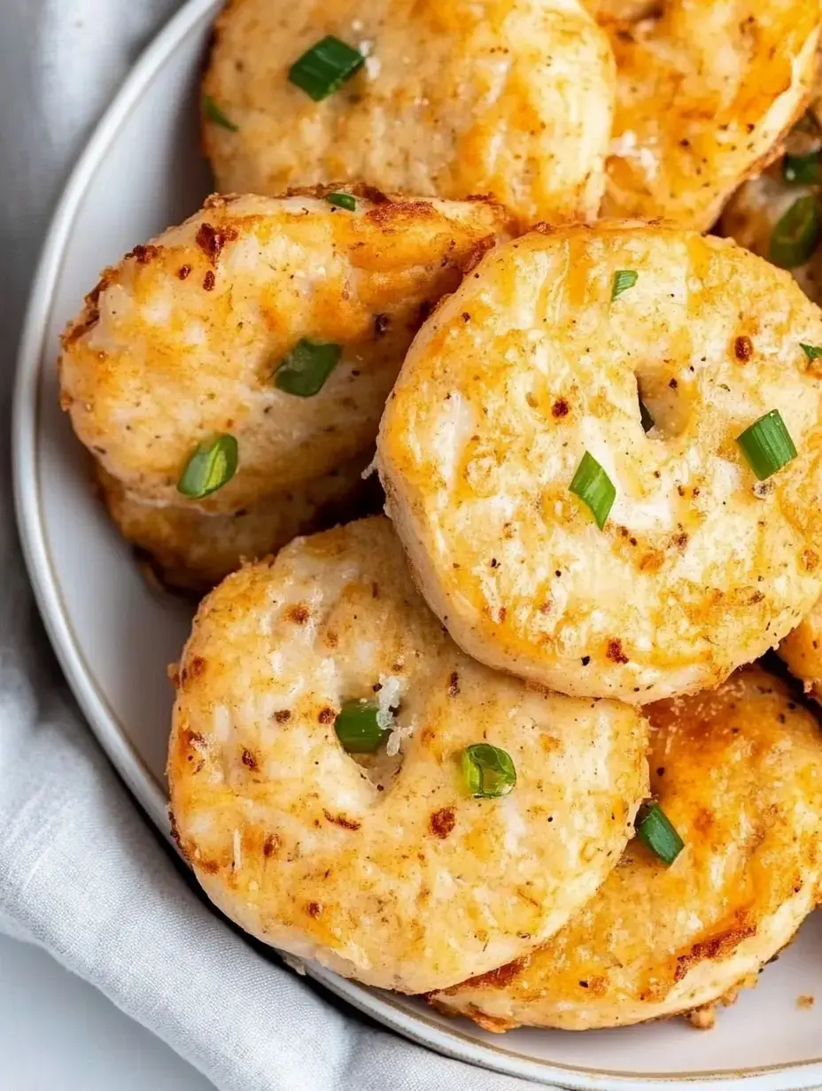 Un gros plan sur des beignets dorés garnis d’oignons verts ciselés, déposés sur une assiette blanche.
