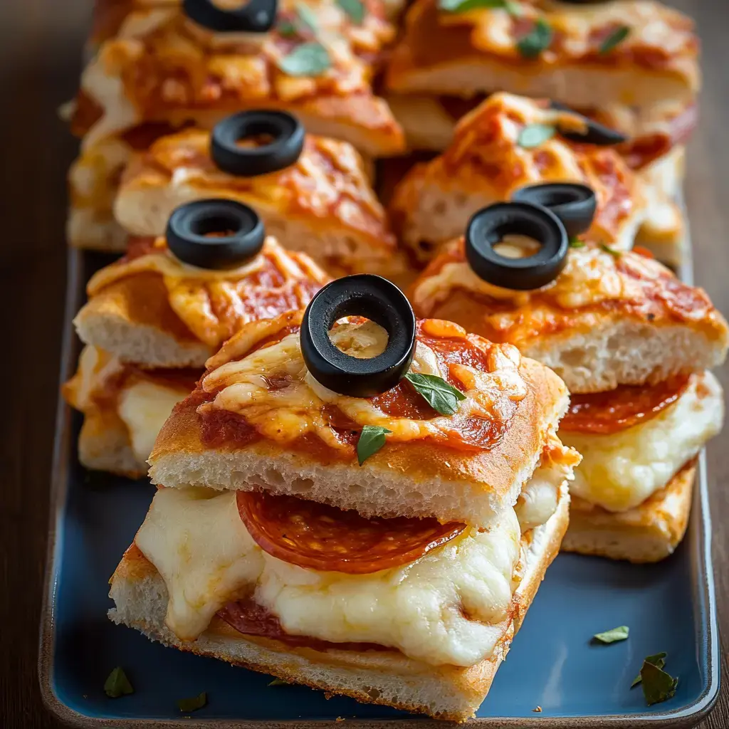 Un plateau de sandwichs pizza coupés, recouverts de fromage fondu, de pepperoni et d’olives noires.