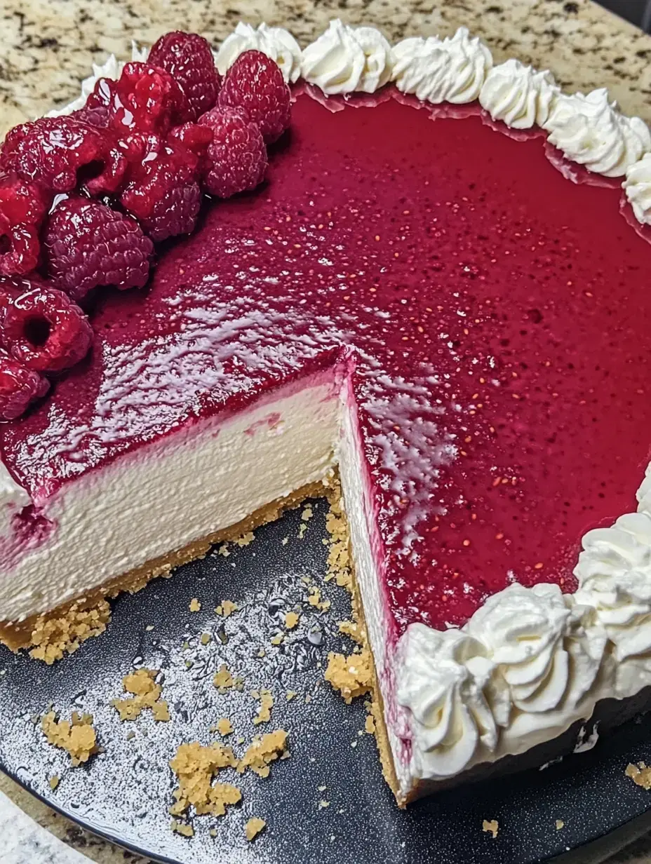 Un cheesecake aux framboises recouvert d’un nappage brillant et de la chantilly, partiellement découpé sur une assiette foncée.