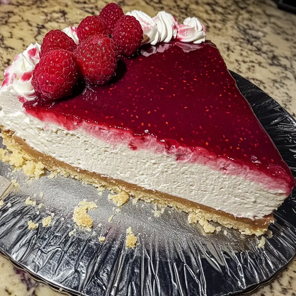 Une part de cheesecake recouverte de coulis de framboises et de fruits frais, posée sur un plat à tarte métallique.