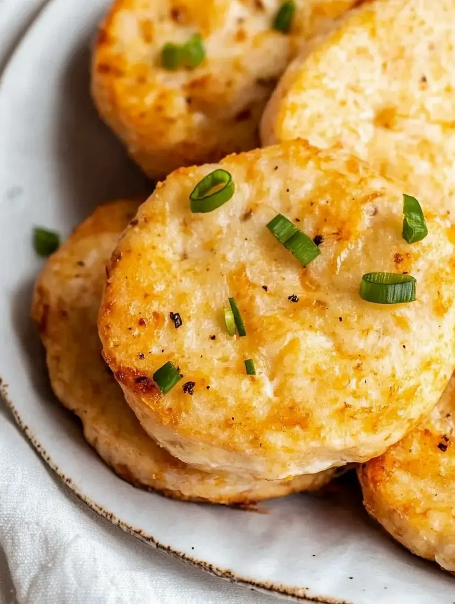 Un zoom sur des biscuits dorés parsemés d’oignons verts ciselés, servis sur une assiette blanche.