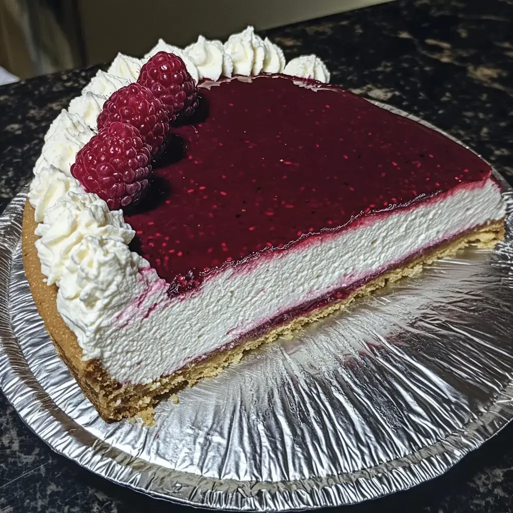 Un cheesecake tranché couronné de coulis brillant et de framboises fraîches, présenté sur un support en aluminium argenté.