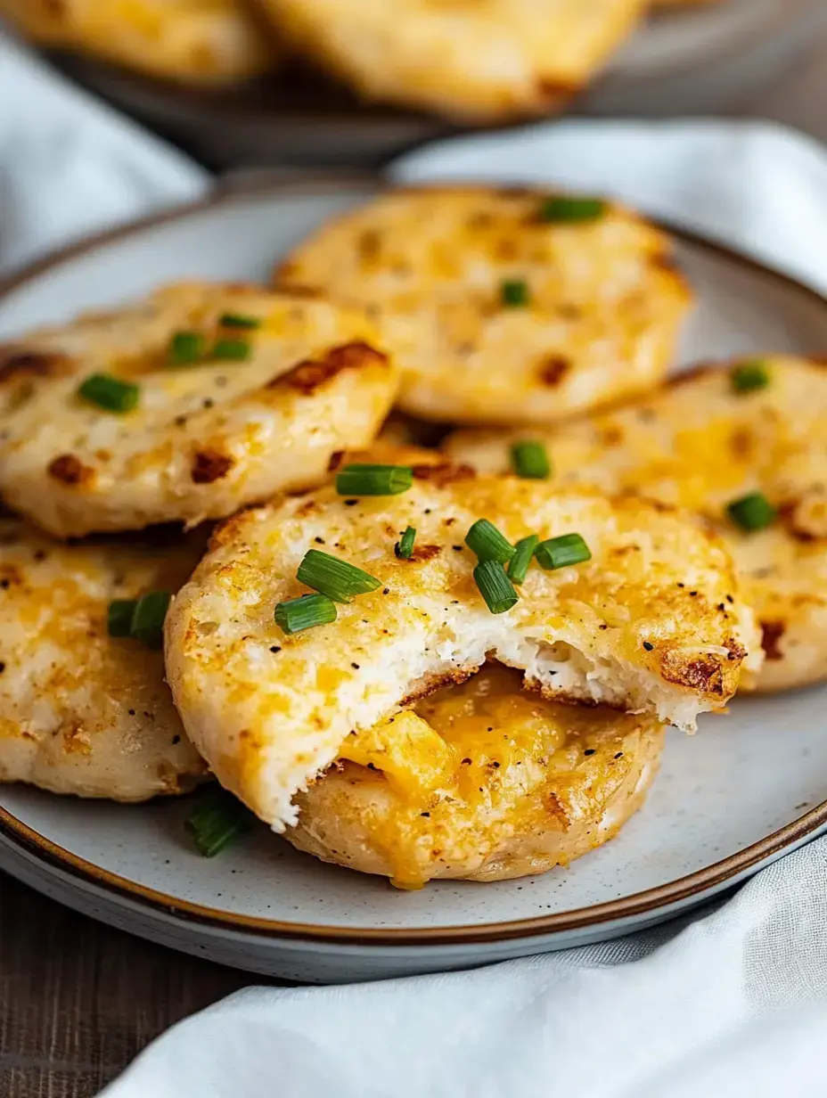Assiette de biscuits fromagers dorés saupoudrés de ciboulette, un biscuit cassé laisse voir le fromage bien coulant.