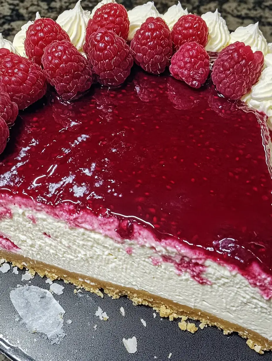 Un cheesecake aux framboises tranché avec une couche brillante, croûte croustillante, décoré de framboises fraîches et chantilly.