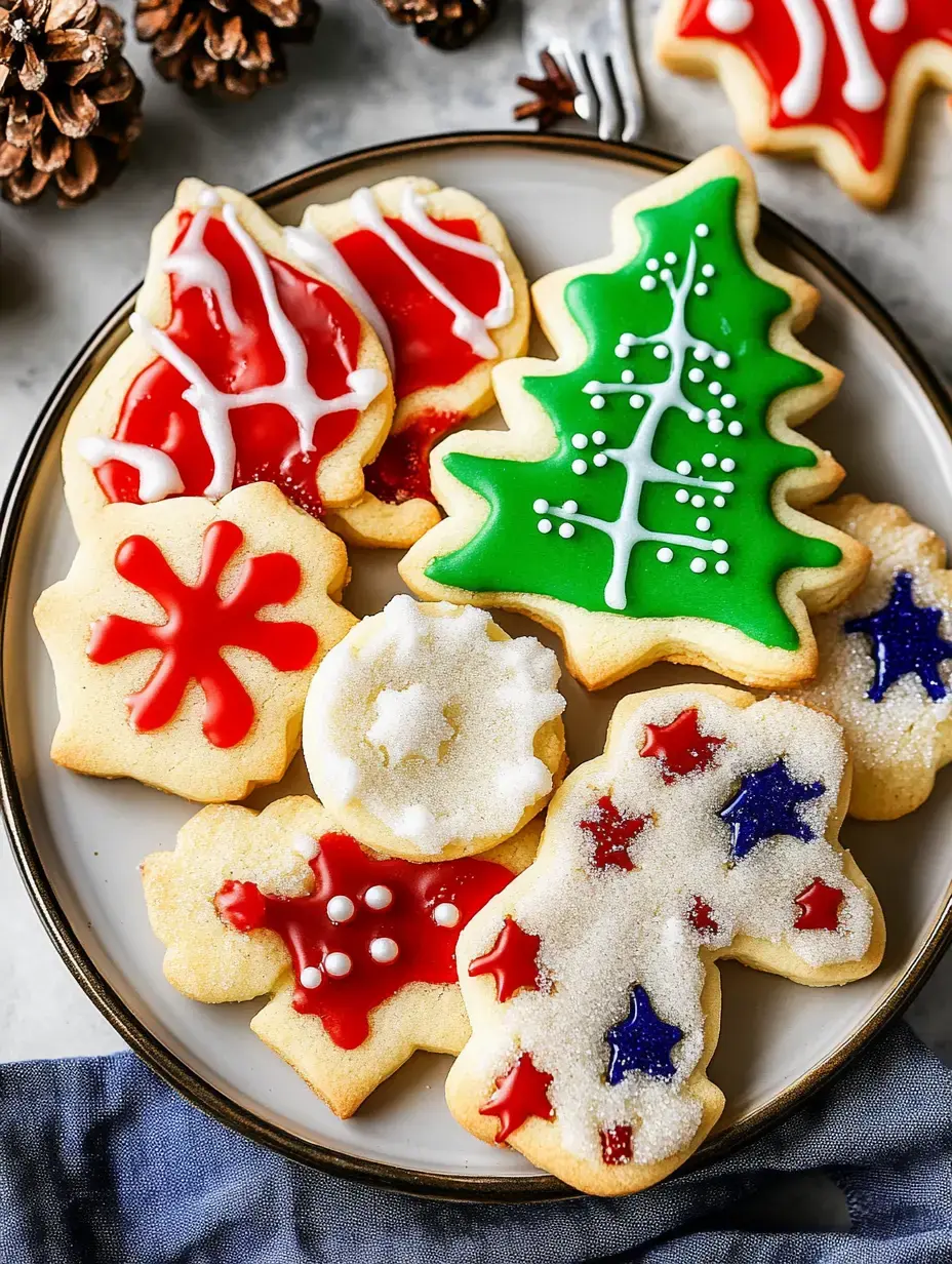 Une assiette remplie de biscuits de Noël décorés de différentes formes : sapin, flocons, cannes de Noël, avec glaçage coloré et petites décorations.