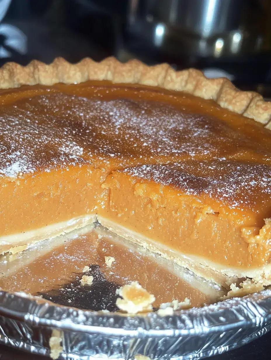 Gros plan sur une tarte à la citrouille entamée, montrant une crème orangée souple et une croûte friable saupoudrée de sucre glace.