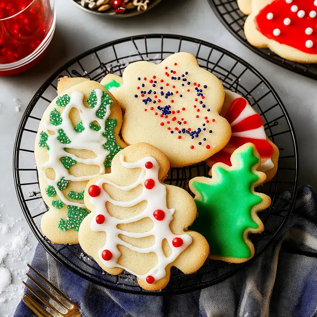 Une grille noire remplie de biscuits de Noël décorés, formes de sapins et décors festifs, autour des couleurs rouge et vert, avec une fourchette et une serviette dessous.