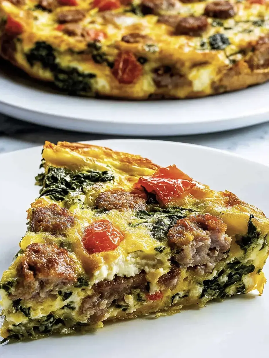 Une part de frittata avec saucisson, épinards et tomates posée sur une assiette blanche. Derrière, on voit le reste de la frittata.
