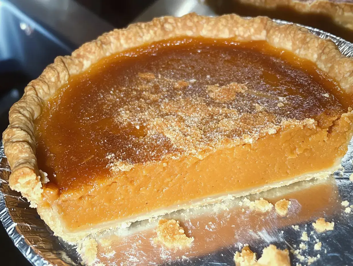 Une belle part de tarte à la citrouille avec une garniture dorée et une pâte feuilletée dans un plat argenté.