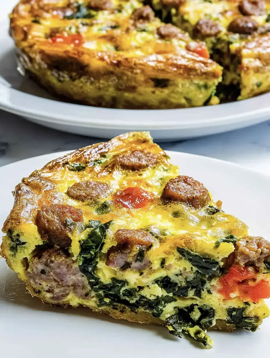 Une part de frittata avec saucisson, épinards et poivrons sur une assiette blanche ; derrière, la frittata entière.