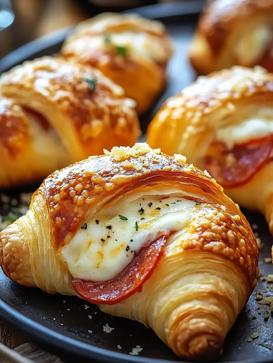 Gros plan sur des croissants dorés fourrés au fromage fondu et pepperoni, parsemés d’herbes, sur une assiette noire.