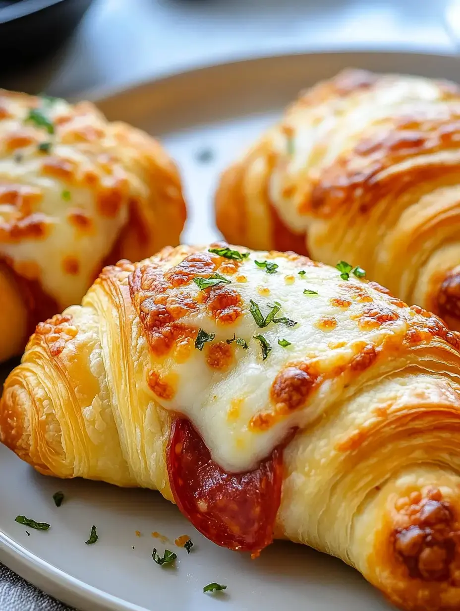 Gros plan sur des croissants croustillants et dorés recouverts de fromage fondu, de pepperoni, et d’herbes fraîches, servis sur une assiette blanche.