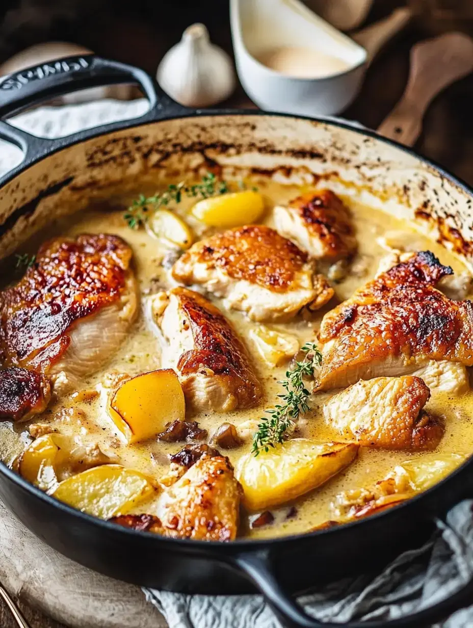 Une poêle remplie de morceaux de poulet dorés mijotant dans une sauce crémeuse avec des pommes de terre et du thym frais par-dessus.