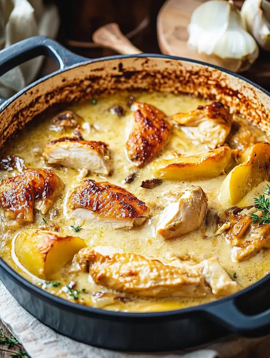 Zoom sur une marmite remplie de morceaux tendres de poulet dorés dans une sauce crémeuse avec des tranches de pomme de terre et des herbes.