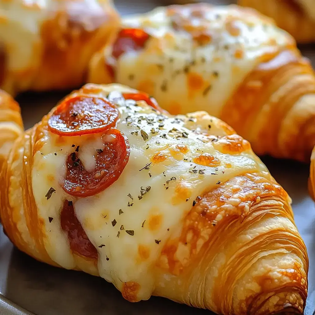Croissants dorés sortis du four, couverts de fromage fondant, tranches de pepperoni et parsemés d’herbes fraîches.