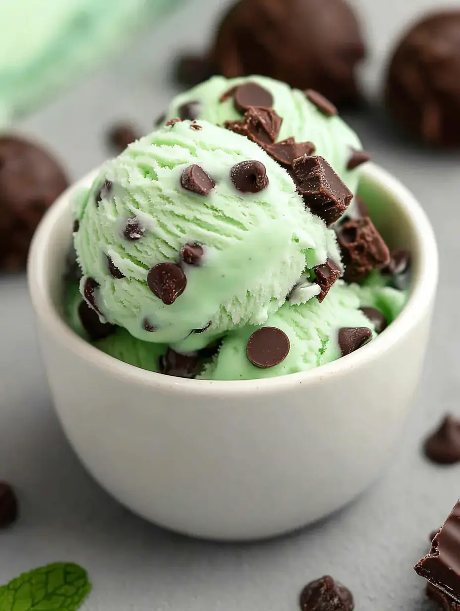 Petit bol blanc rempli de glace menthe chocolat, décoré de morceaux de chocolat et de pépites.