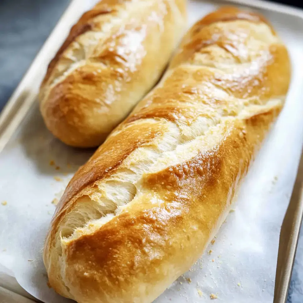 Deux baguettes fraîchement cuites avec une croûte dorée reposant sur du papier cuisson dans un plateau.