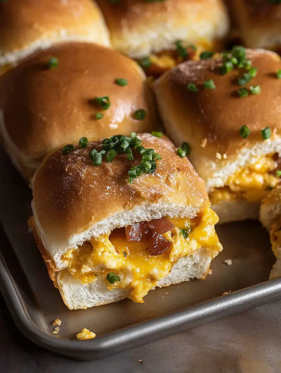 Gros plan sur une mini brioche garnie d’œufs brouillés crémeux, bacon croustillant et fromage fondu, parsemée de ciboulette.