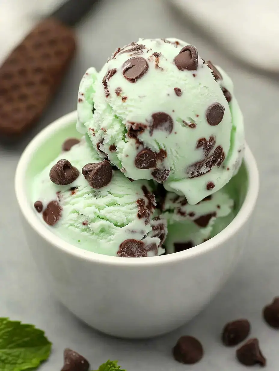 Bol de glace menthe chocolat avec pépites, entouré de morceaux de chocolat et feuilles de menthe.