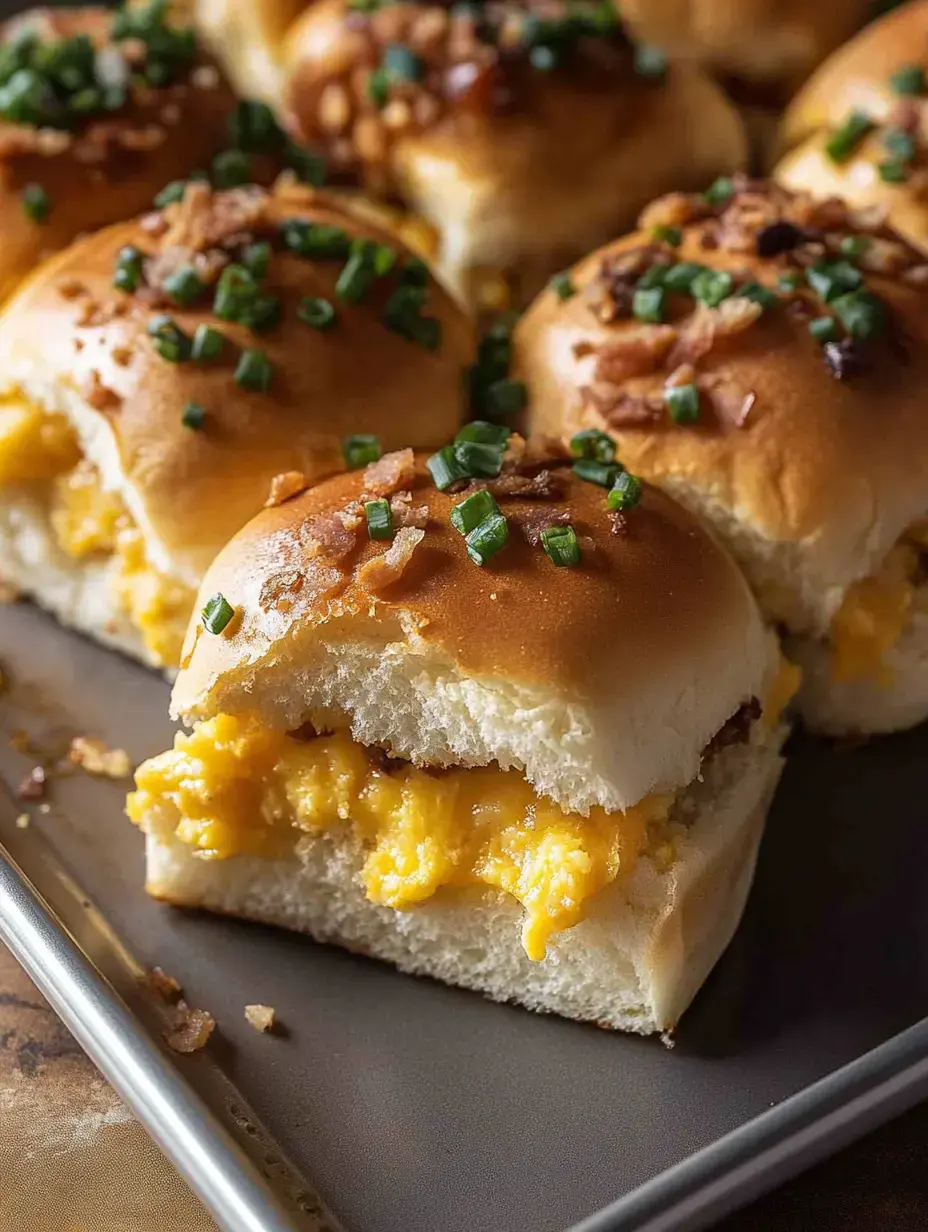 Zoom sur des petits sandwiches avec fromage filant, bacon croustillant et ciboulette, tout frais sortis du four.