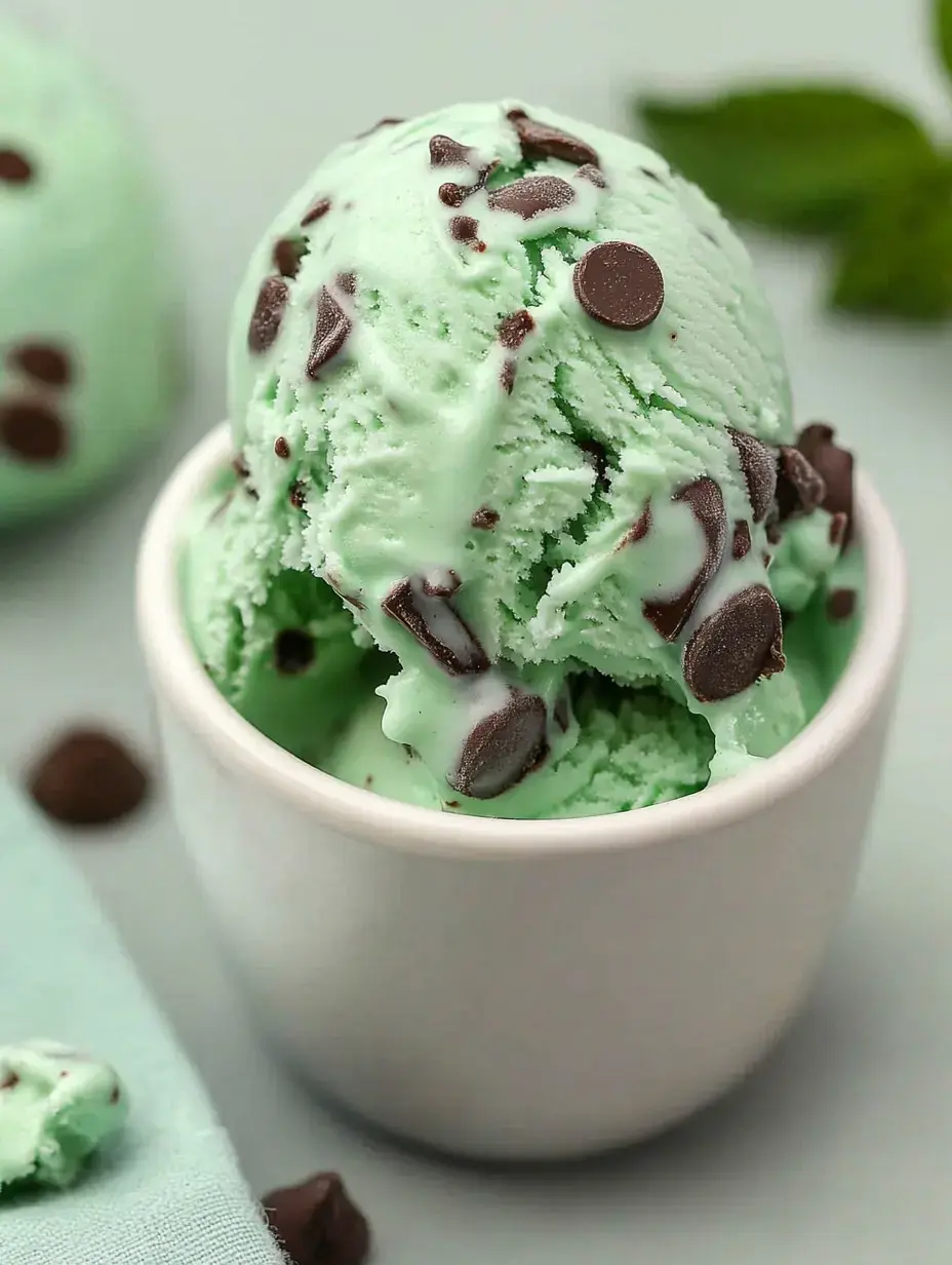 Zoom sur une boule de glace menthe chocolat en coupe blanche avec pépites de chocolat.