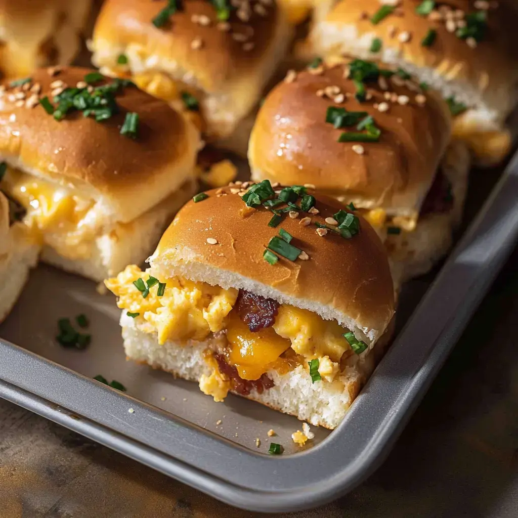 Vue rapprochée d’un plateau de mini sandwiches garnis d’œufs brouillés, fromage et bacon, saupoudrés de graines de sésame et de ciboulette.