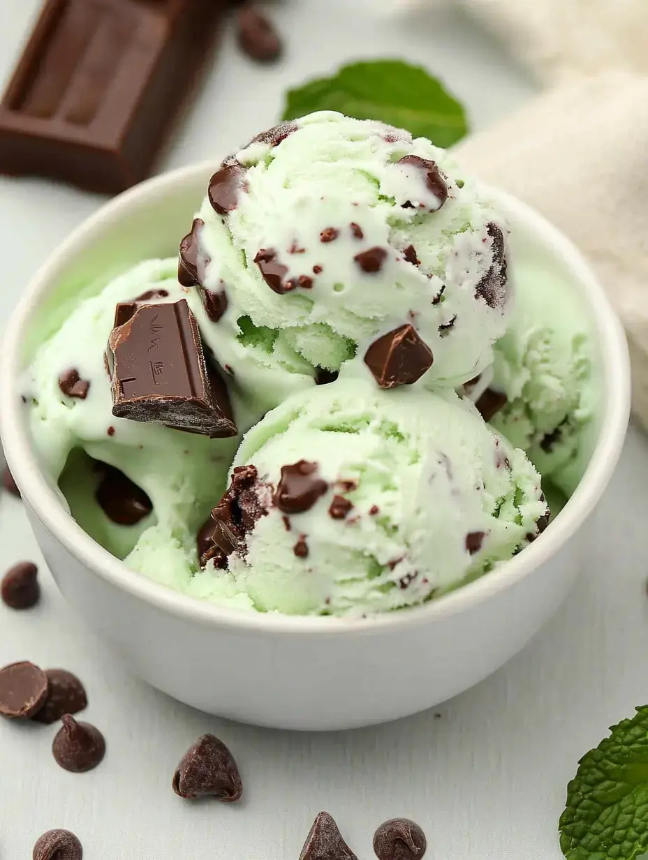 Bol de glace menthe chocolat parsemé de morceaux de chocolat, entouré de pépites et feuilles de menthe fraîche.